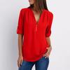 Women's Fashion Commuting Zipper V-Neck Rollable Sleeve Casual Solid Tops Blouse Loose T-Shirt