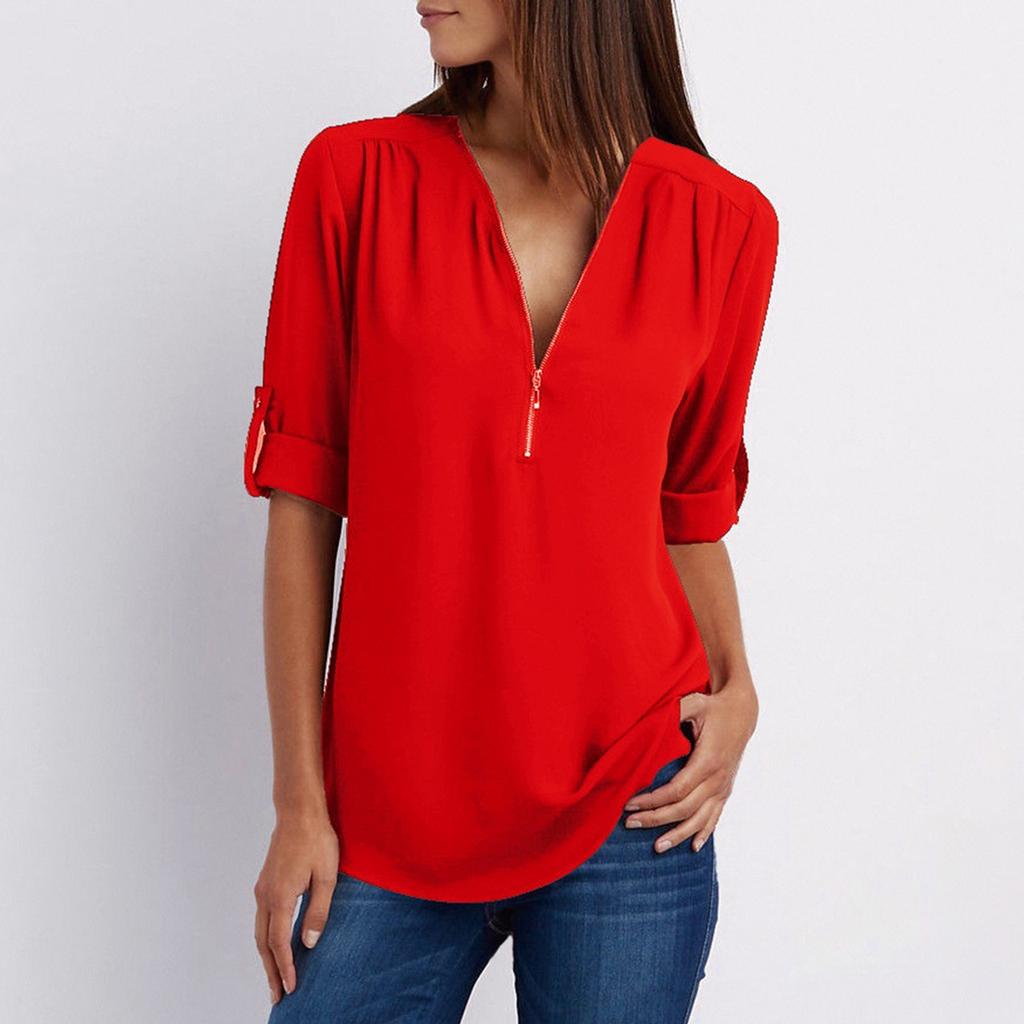 Women's Fashion Commuting Zipper V-Neck Rollable Sleeve Casual Solid Tops Blouse Loose T-Shirt