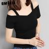 T Women's Summer Black L Off-the-shoulder Halter Short Sleeve T-shirt Women's Line Neck Off-the-shoulder Sexy Top Trend