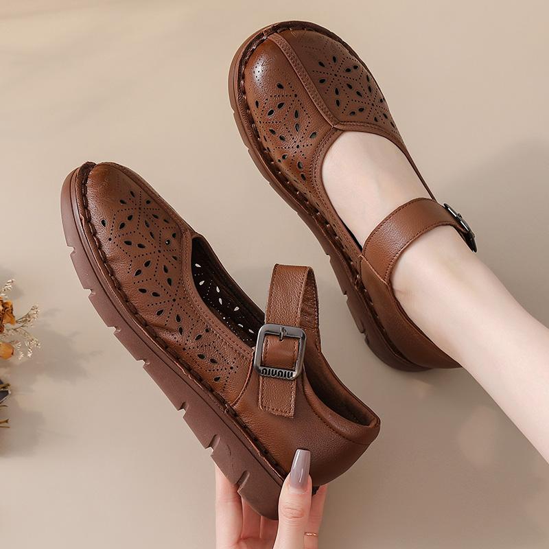 Fashion New Natural Leather Sandals Women's Hollow Out Flats Shoes Woman Luxury Mary Jane Sandal Female Strap Loafer Lady Shallow Flats