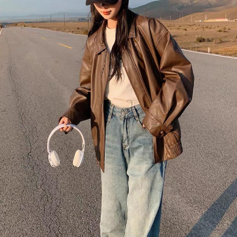 Женская винтажная куртка из искусственной кожи, уличная свободная ретро-куртка для мотоциклистов, женское пальто из искусственной кожи, осень