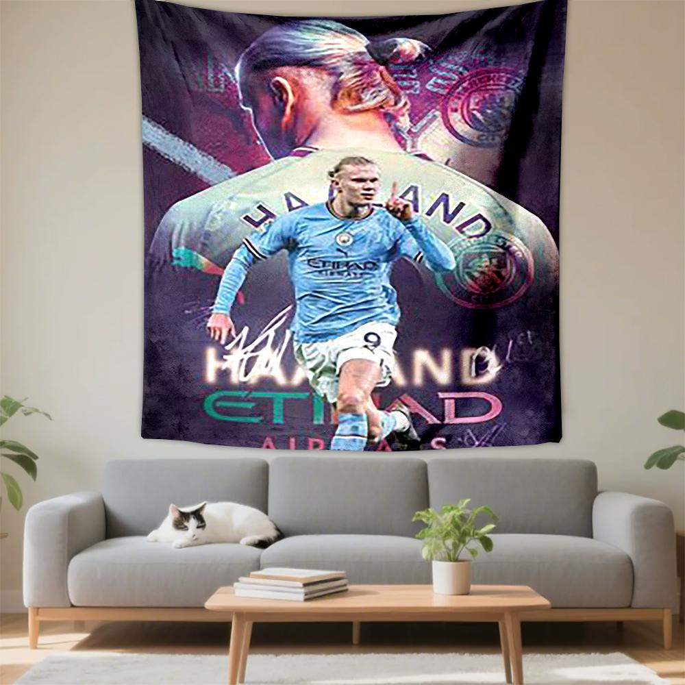 Tapestry Erling Haaland Manchester City 9 Composite Back View Braids Purple Blue Etihad Art