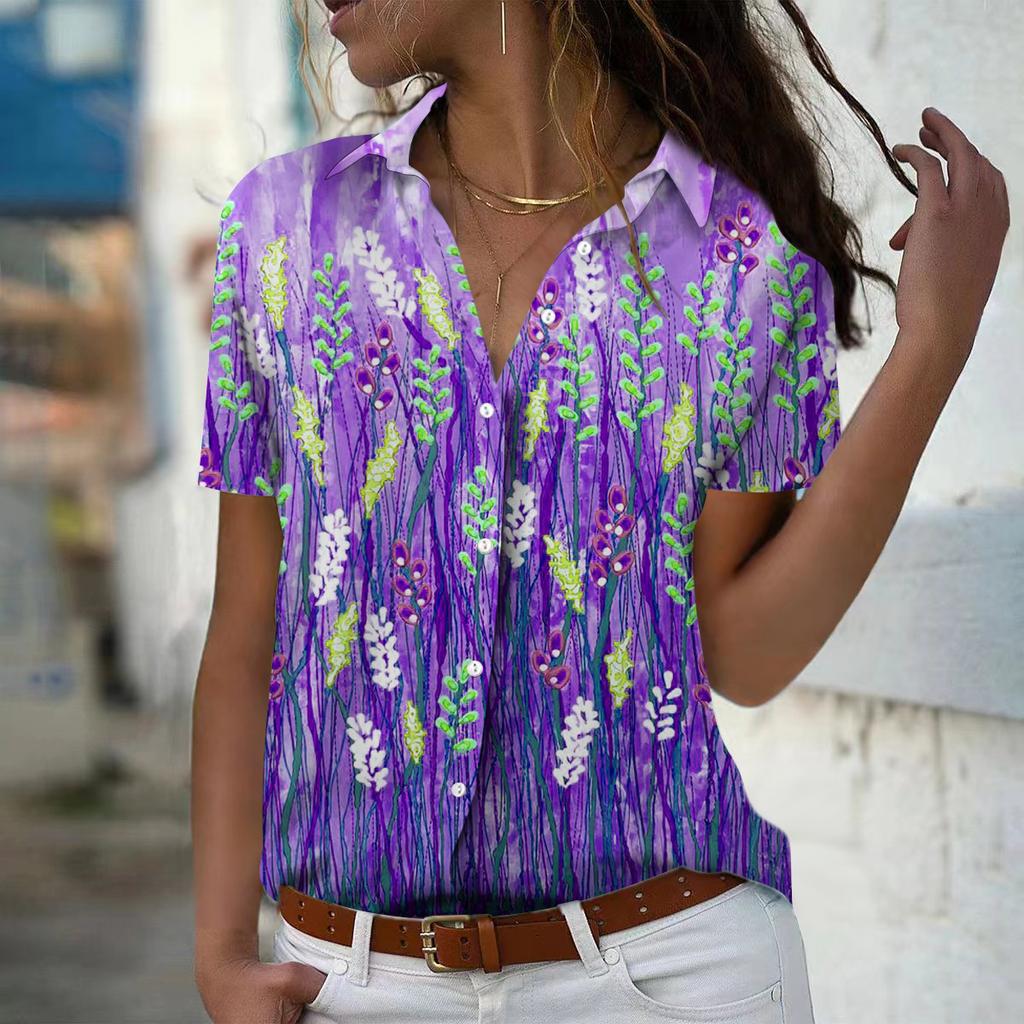 2025 Summer New Fashion Women's Plant Printed Short Sleeve V-neck Casual Button-down Shirt Top