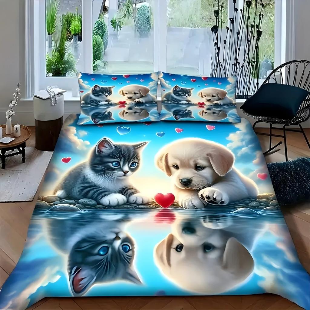 Cute Cat Dog Pattern 3D Printed Bedding Set Cute Animal Romantic Couple Theme Duvet Cover Soft Comfortable Luxury Quilt Cover