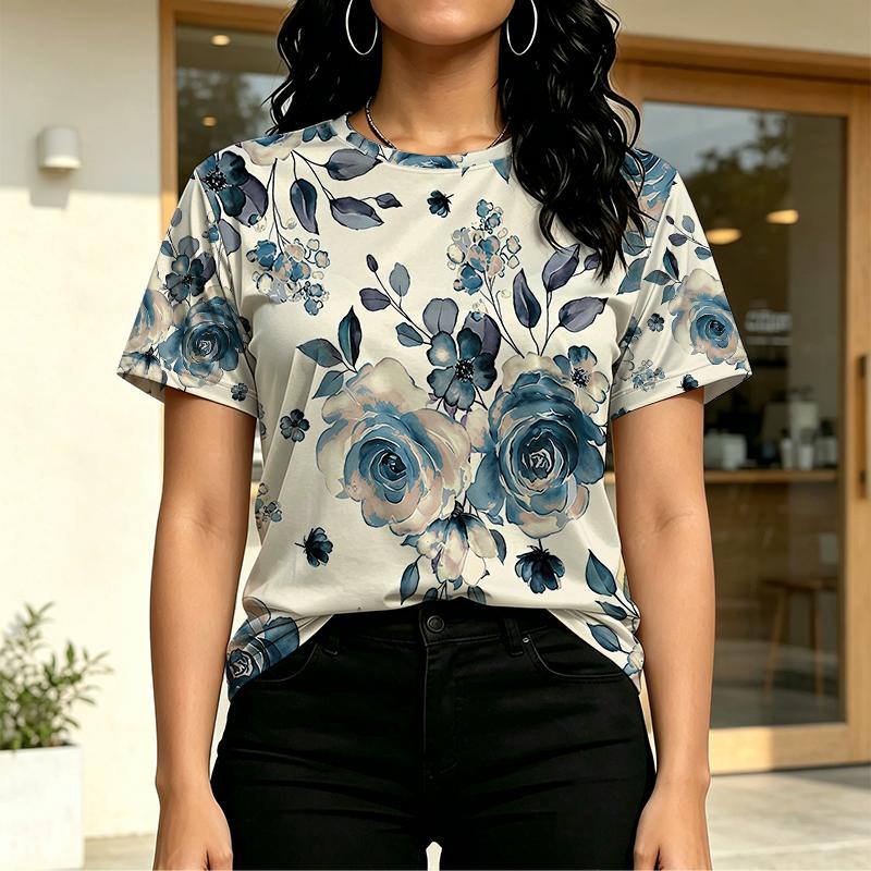 Ladies' Short Sleeve T-Shirt,Korean Minimalist Floral Design,Soft Breathable Casual Top for Daily Wear & Night Outings