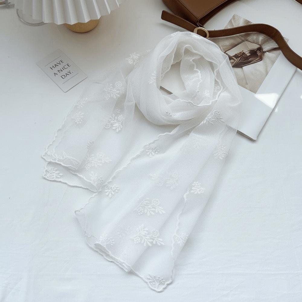 Literary Retro Women's Lace Scarf Solid Color Long Silk Scarf Floating Embroidery Flower Korean Version Sunscreen Shawl