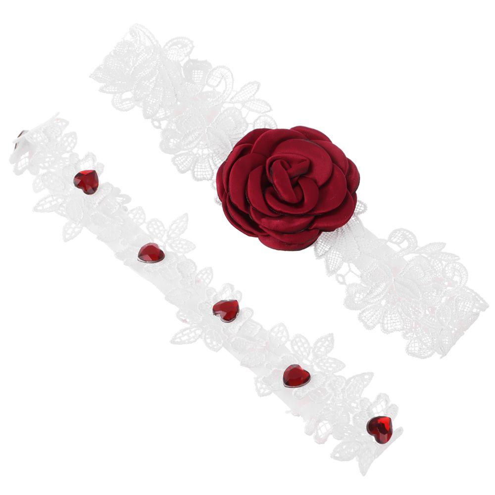 Stretch Handmade Embroidered Stretch Garter Lace Leg Ring Set Lace Red Rose Flower Garters