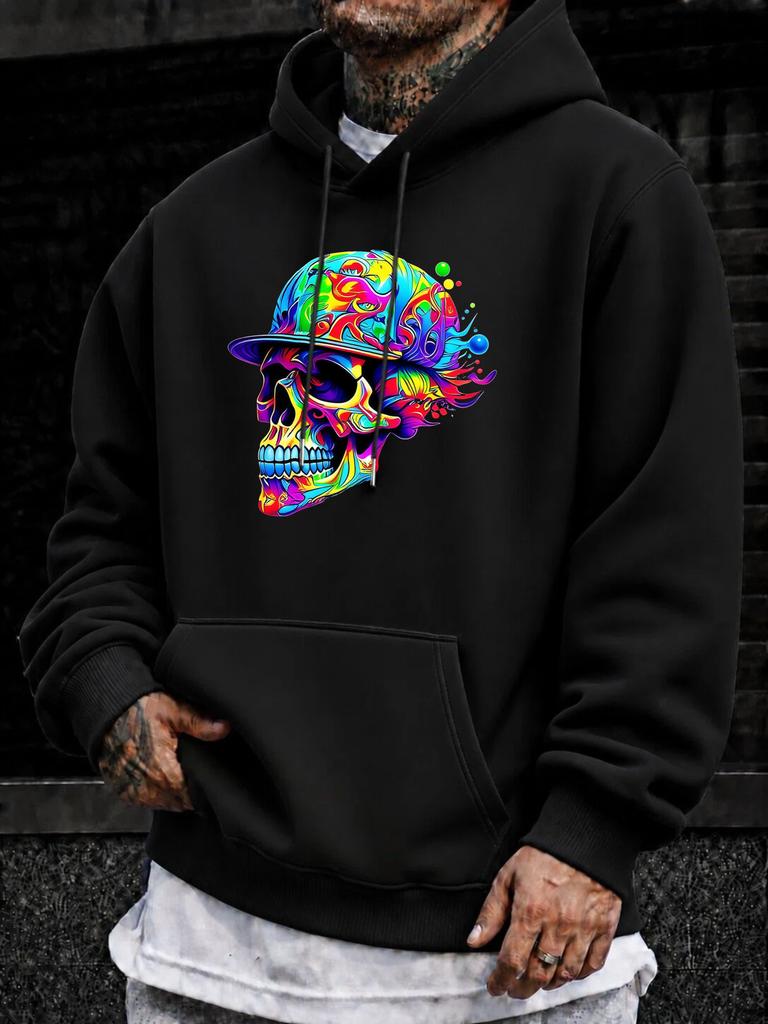 unisex Hoodie, Halloween, Colorful Psychedelic Skull with Hat Graphic, Pullover Sweatshirt, Streetwear Urban Style, Autumn Winter Casual Wear, Front K