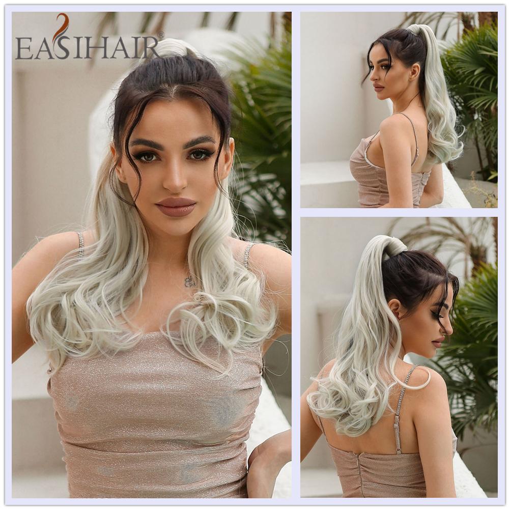 EASIHAIR Длинные волнистые вьющиеся волосы с заколкой в ​​хвосте для наращивания волос Синтетический конский хвост Накладные волосы Коричневые платиновые накладные афро-шиньоны Парик