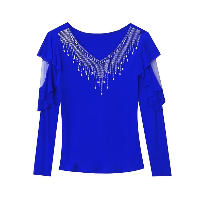 Модная весенне-осенняя корейская сексуальная футболка с V-образным вырезом и горячими стразами, шикарный ажурный топ с длинным рукавом, женские футболки, уличная одежда, эластичный сетчатый топ для девушки