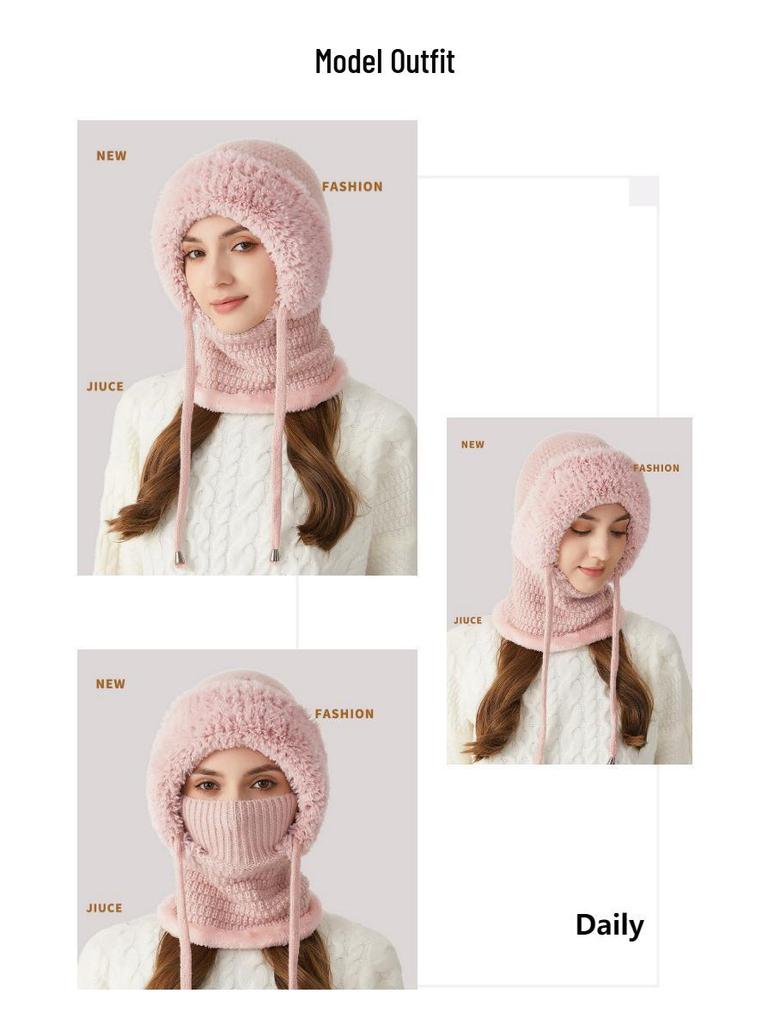 Женская зимняя вязаная шапка с маской для лица и шарфом - Плюшевая, Толстая, Теплая