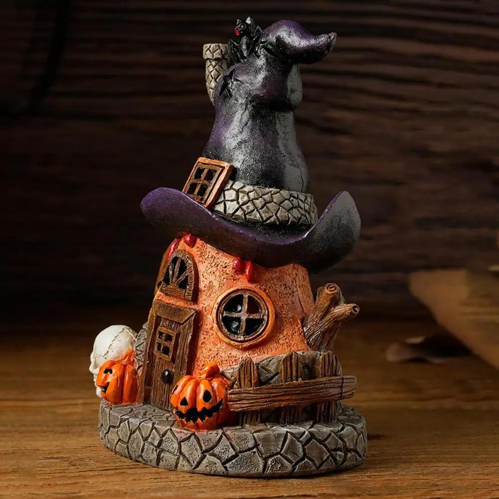 Halloween Magical House Resin Figurine Office Desktop House Sculpture Witch House Statue with LED Light Home Decoration
