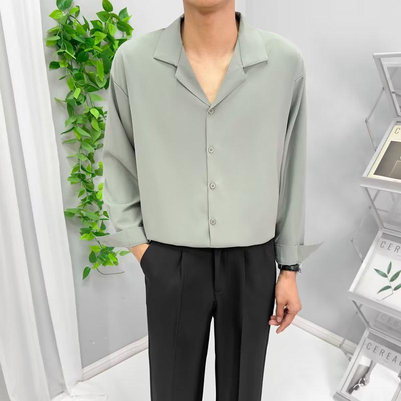 Мужская модная рубашка с длинными рукавами и кубинским воротником из ледяного шелка — свободная, повседневная, стильная для весны и осени