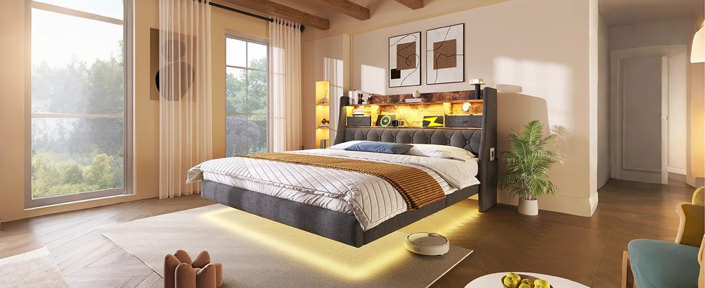 Upholstered 140x190 cm Floating Bed with LED Lighting, Headboard and Charging Station (1 Type-C, 3 USB), Slatted Frame, Linen, Grey (No Mattress)