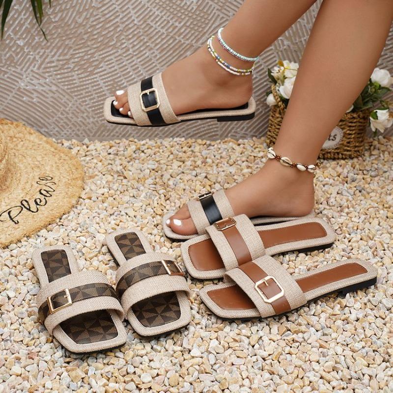Women's Flat Slippers With Metal Buckle Summer Beach Sandals Outdoor Casual Slide Shoes