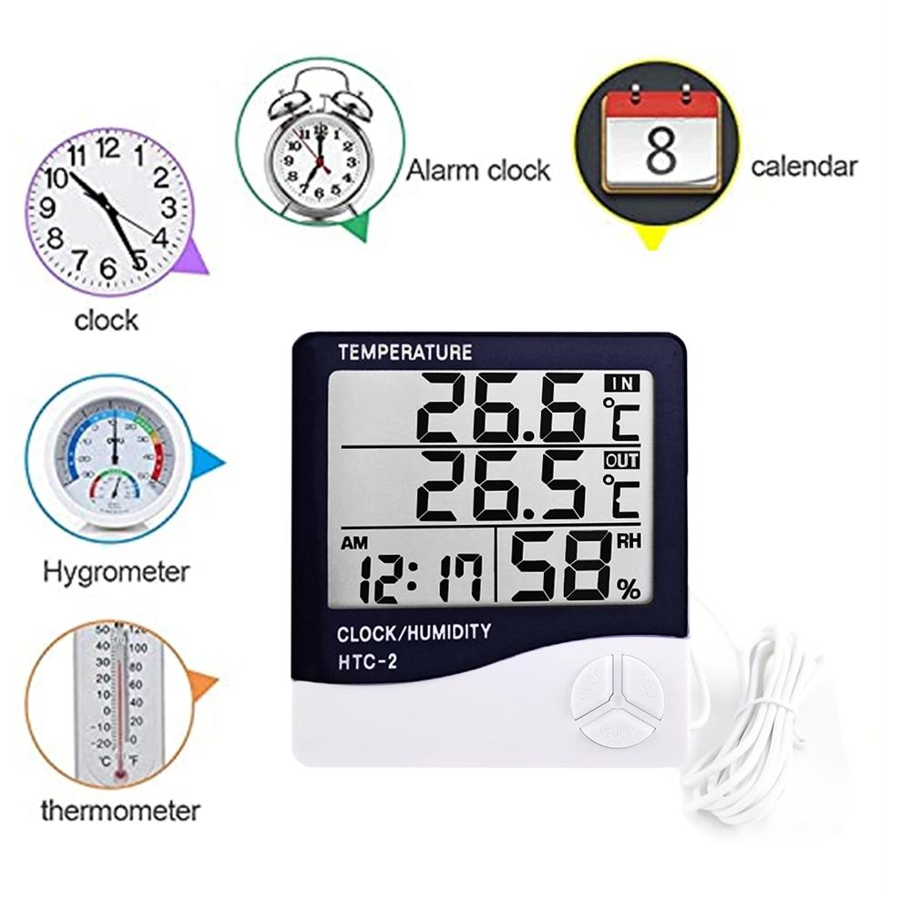 NEW LCD Electronic Digital Temperature Humidity Meter Thermometer Hygrometer Indoor Outdoor Weather Station Clock HTC-1 HTC-2 2