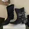 Fashion Autumn Winter Pointed Toe Western Ankle Boots Women Square Heels Goth Short Booties Buckle Strap Casual Shoes