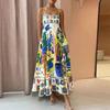 Sleeveless High Waist Printed Spaghetti Strap Swing Dress for Women