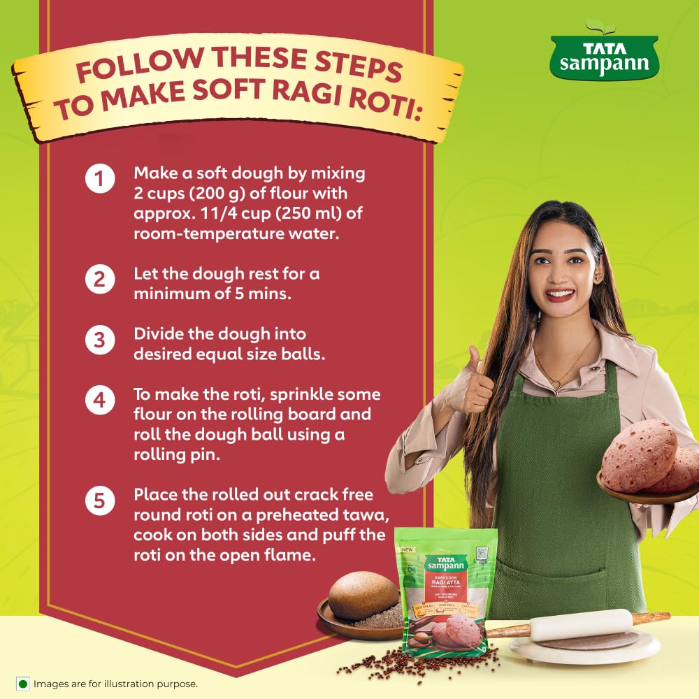 TATA Sampann Мука из проса Easy Cook Ragi Atta 500 г, богатая клетчаткой и кальцием, для мягких роти без трещин и легкого замешивания