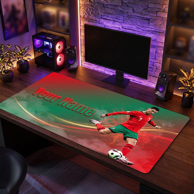 Cristiano Ronaldo Custom Large Mouse Pad, Personalized Name Text Print, Football Logo Non‑Slip Desk Mat Gaming Gift