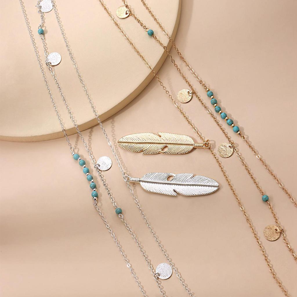 Многослойное ожерелье с перьями, не тускнеющее, из сплава, ожерелье с подвеской в виде пера, универсальное, многослойное ожерелье