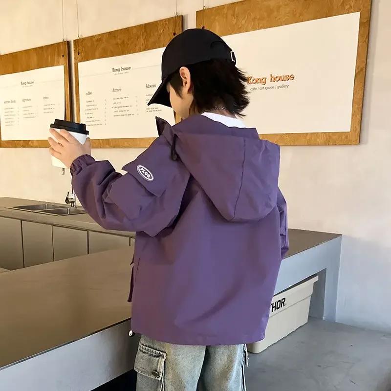 Осенняя повседневная ветровка для девочек и мальчиков, фиолетовая, черная куртка с капюшоном, детская верхняя одежда, пальто 4-14 лет, корейское пальто