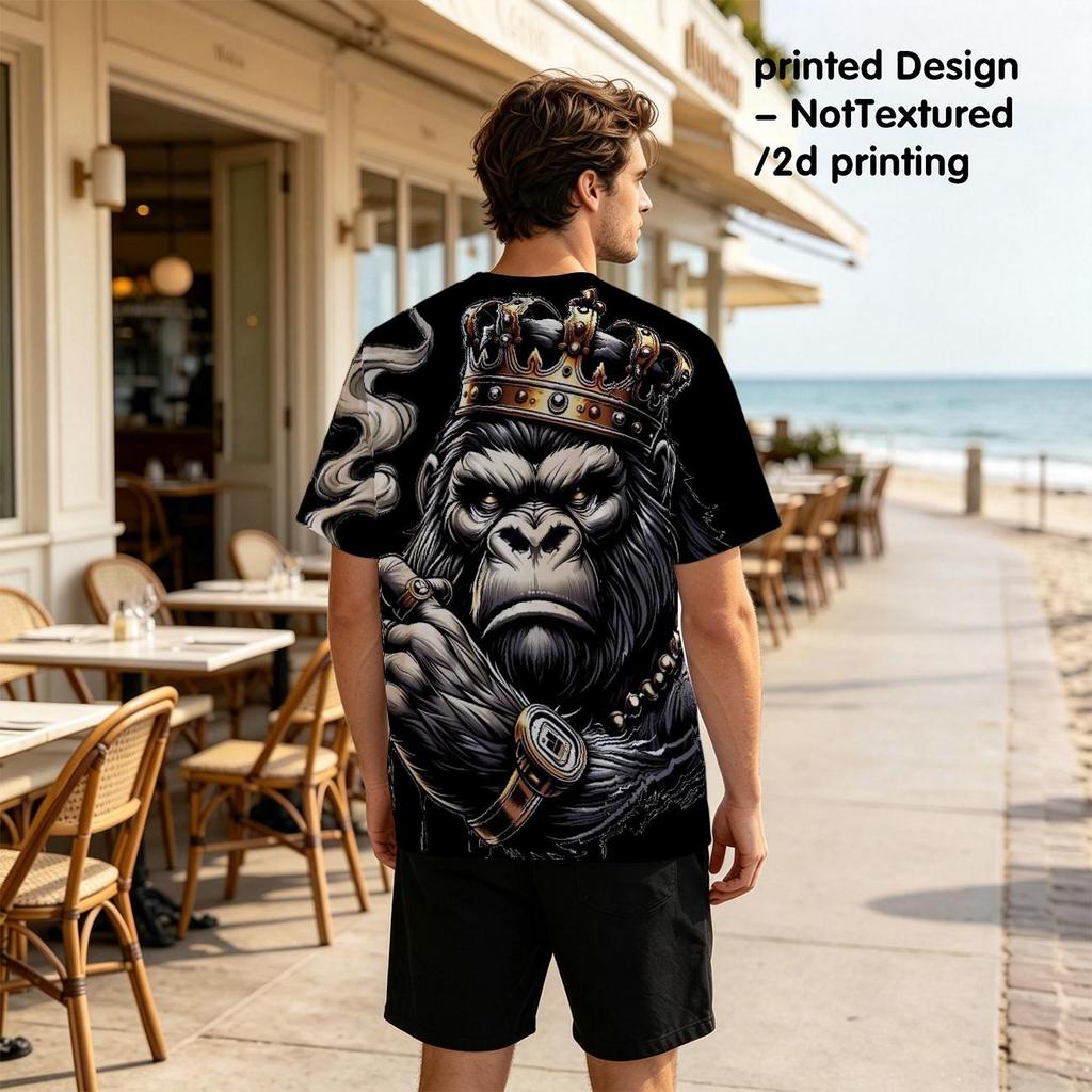 Men's Royal King Gorilla with Crown Crew Neck T‑Shirt, Noble Urban Street Style Ape Graphic Casual Short Sleeve Tee