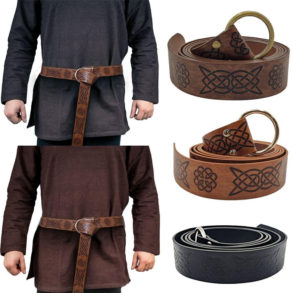 Medieval Embossed Leather Belt O Ring Buckle Waistband Knight Belts Viking Vegvisir Pants Bands