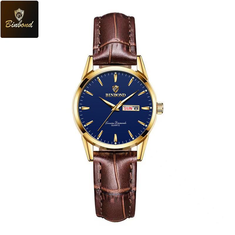 BINBOND Fashion Watch for Women Luxury Women Quartz Watch Breathable Leather Strap Waterproof Business Casual Women Watch