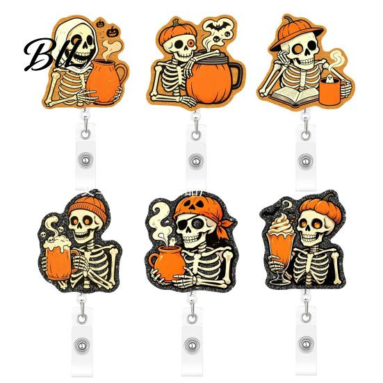 Decorative Badge Reel Halloween Retractable Reel, Skeleton And Pumpkin Design, Acrylic ID Card Funny Gift Holder with Sturdy Metal Clip for