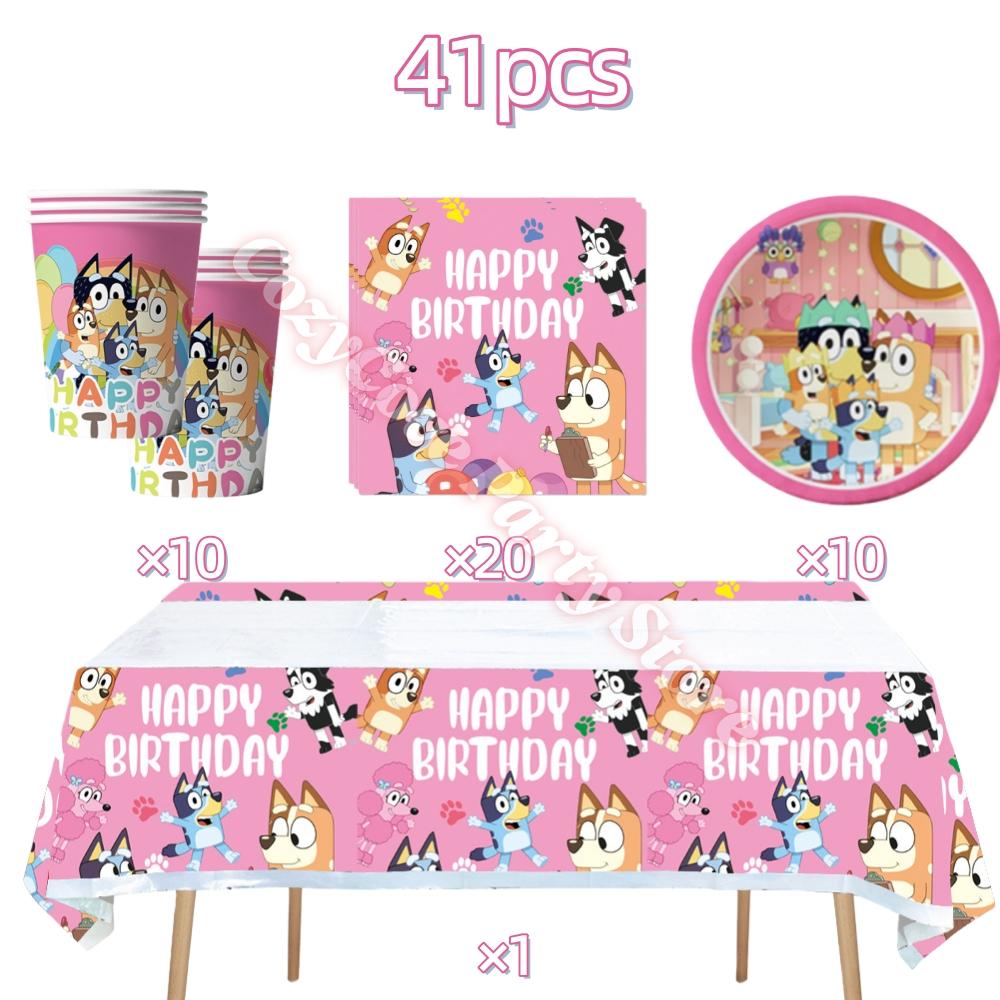 Pink Bluey Birthday Party Decoration Bingo Puppy Tableware Set Cup Plate Straws Balloons For Kids Favor Gifts Photo Booth Props