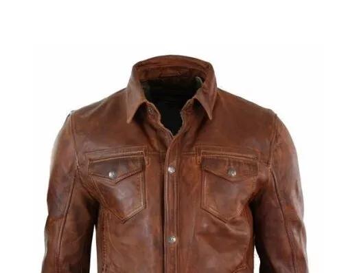 Handmade Stylish Casual Biker Motorcycle Real Lambskin Brown Men's Leather Shirt