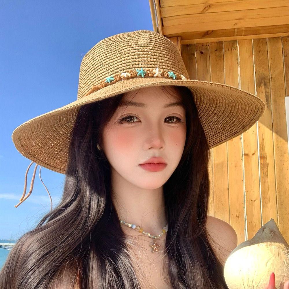 New Starfish Straw Hat Wide Brim Sun Protection Woven Hat Elegant Foldable Sunscreen Hat Summer