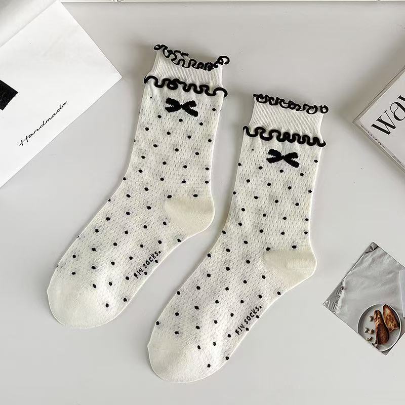 Модные носки Женские Весенне-осенние Новые Хлопковые носки средней длины с вышивкой в виде бантика