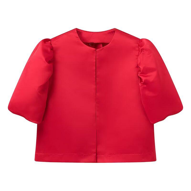 Women's Blouse Top with Puffe Sleeve Solid Satin Shirt New Spring Summer Female Sleeves O Neck Loose Short Shirt Female Blouses
