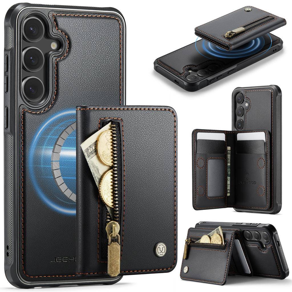 For Samsung Galaxy S26 Case JEEHOOD J12 Magnetic Detachable Zipper Wallet Kickstand Leather Back Cover Compatible with MagSafe