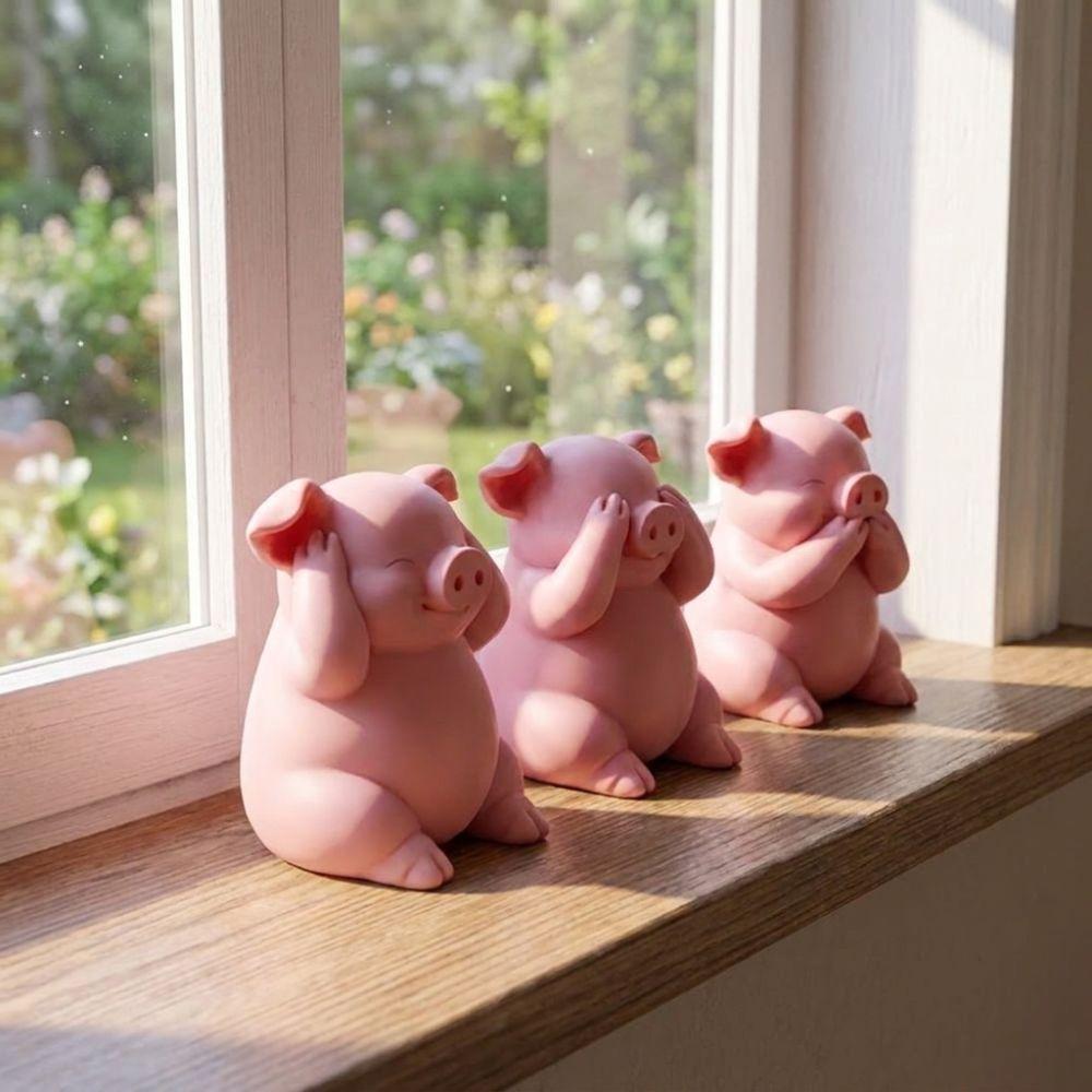 3PCS Miniature Piggy Statue 3D Printing Piggy Figurine Pig Ornament Desk Decoration