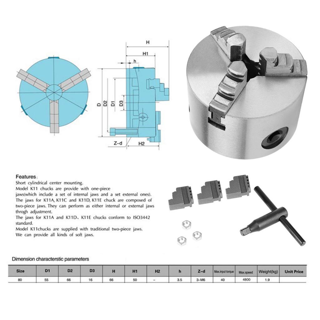 3-дюймовый 3-кулачковый самоцентрирующийся металлический патрон токарного станка K11-80 с дополнительными кулачками, аксессуар для токарных станков