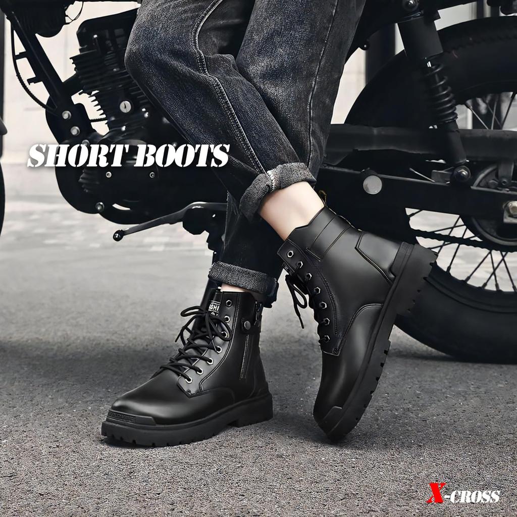 Cross Short Boots Black Side Zip Thick Sole Bike Lace Up Lace Up Side Zipper Business Military High Cut Easy To Wear Casual Boots Zip Side Zipper