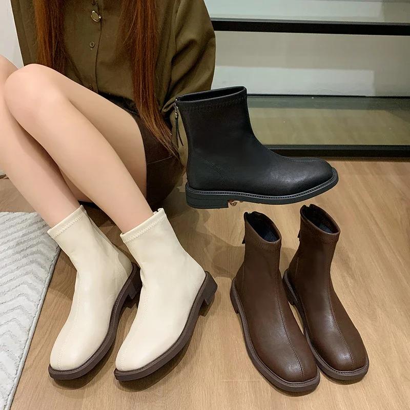 Shoes White Mid-Calf Boots Silver Boots-Women Low Leather Mid Calf Pointy Rock Ladies Autumn 2024 Rubber Pointed Toe Slip-On Ro