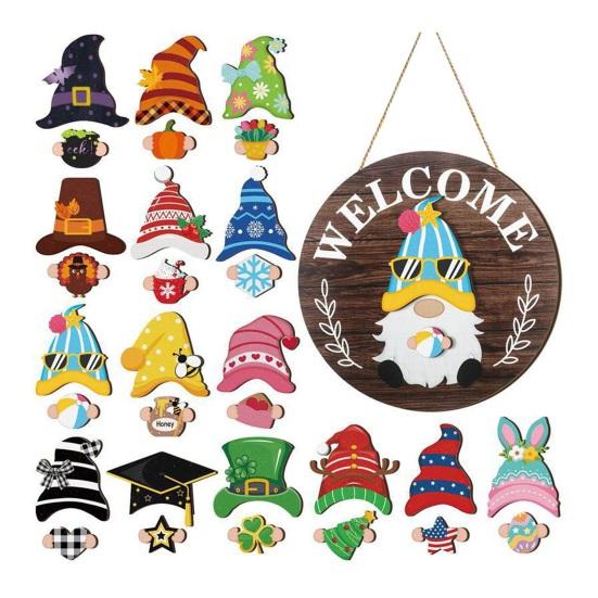 1 Set Interchangeable Wooden Welcome Sign with Seasonal Hat Accessories Gnome Highland Cow Hanging Front Door Sign Home Office Holiday Decoration