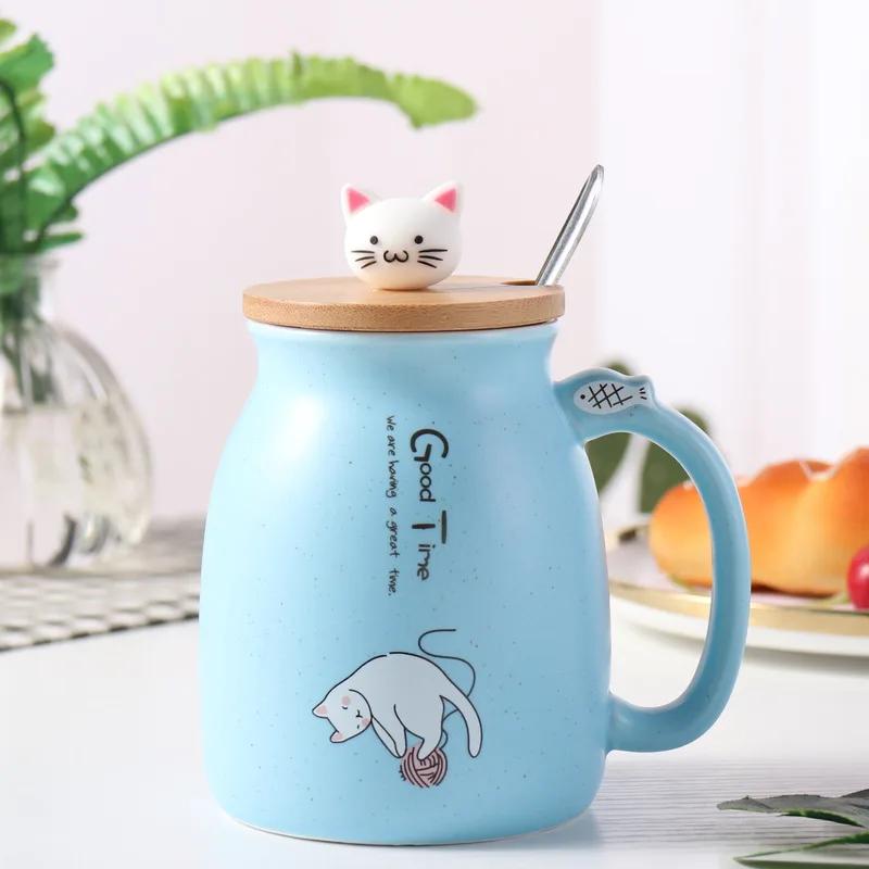 Cute Creative Cat Ceramic Coffee Mug with Lid and Spoon Kawaii Cartoon Kitten 450ml Gift Children Couple's Water Cup Drinkware
