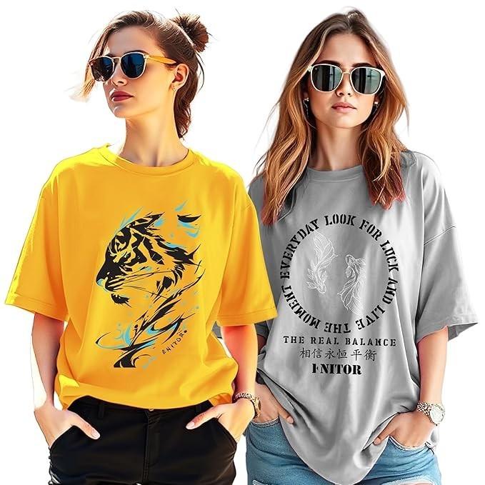 Beautiful Graphic Printed Cotton Blend T-shirt Women Summer Wear Top Combo of 2