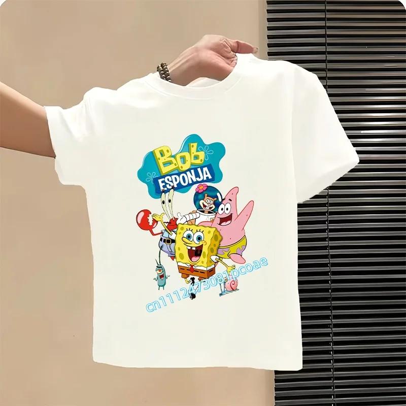 2026 SpongeBob Summer Tshirt for Children 100 Cotton ShortSleeved Boys Sport Shirt Girls Casual Top with Cartoon Print