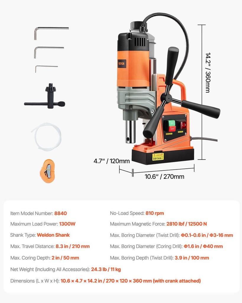 Magnetic Drill 1300W 2922lbf/13000N Portable Mag Drill Press 810RPM