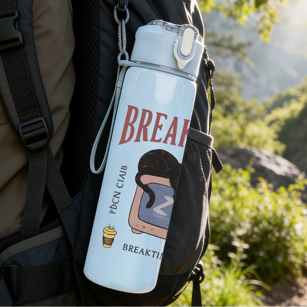 1PC Breaktime Cat Coffee Graphic 750ml Color Plastic Sports Water Bottle Leakproof Flip Straw Lid For Sports Office Home Use