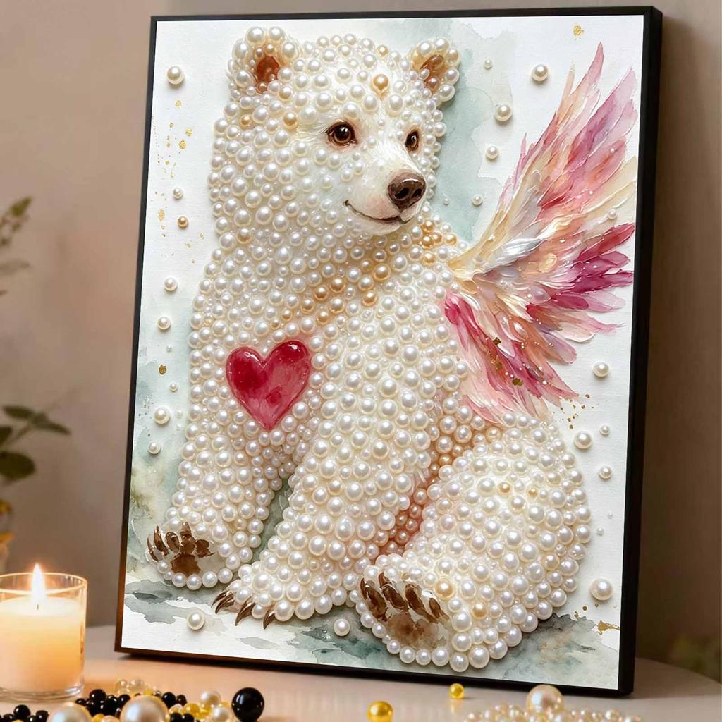 Расслабляющий DIY набор для рисования жемчугом в раме с дизайном Сердце Крылатого Медведя 5D Блестящий холст с бисером Поделка для декора детской комнаты Подарок