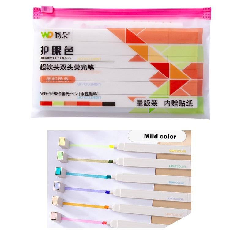 6pcs Super Soft Double Head Highlighter Pens Set Brush Tip Light Color Marker Spot Liner for Drawing Painting Art School