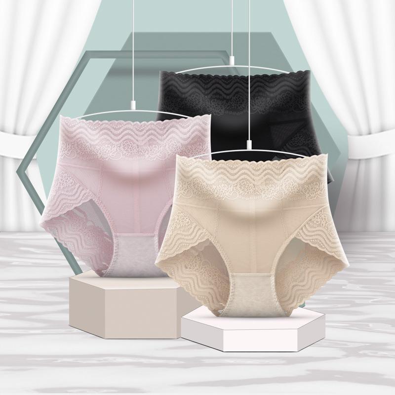Lace High Waist Briefs Cinching Hip Lifting Underwear for Women Pure Cotton Antibacterial Strong Seamless Triangle Panties