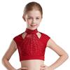 Girls Sleeveless Crop Top Shiny Rhinestones Cutout Design for Figure Skating Dance Gymnastics Performance Wear